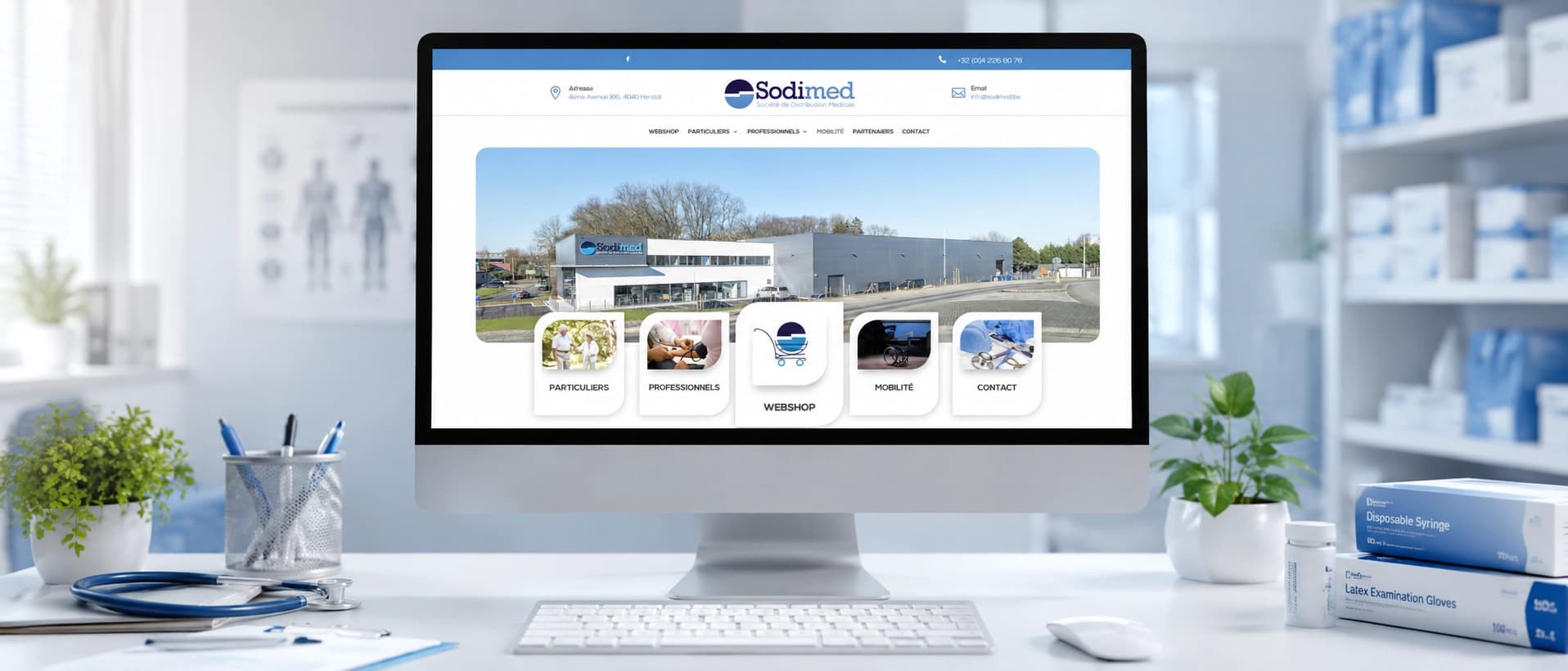 Mockup moniteur du nouveau site WordPress Divi de Sodimed — matériel médical à Herstal, Liège