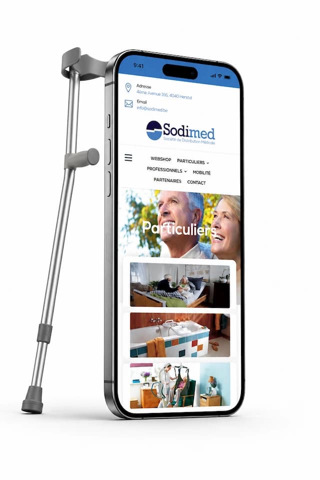 Mockup smartphone avec béquille — page Particuliers et aide à la mobilité Sodimed