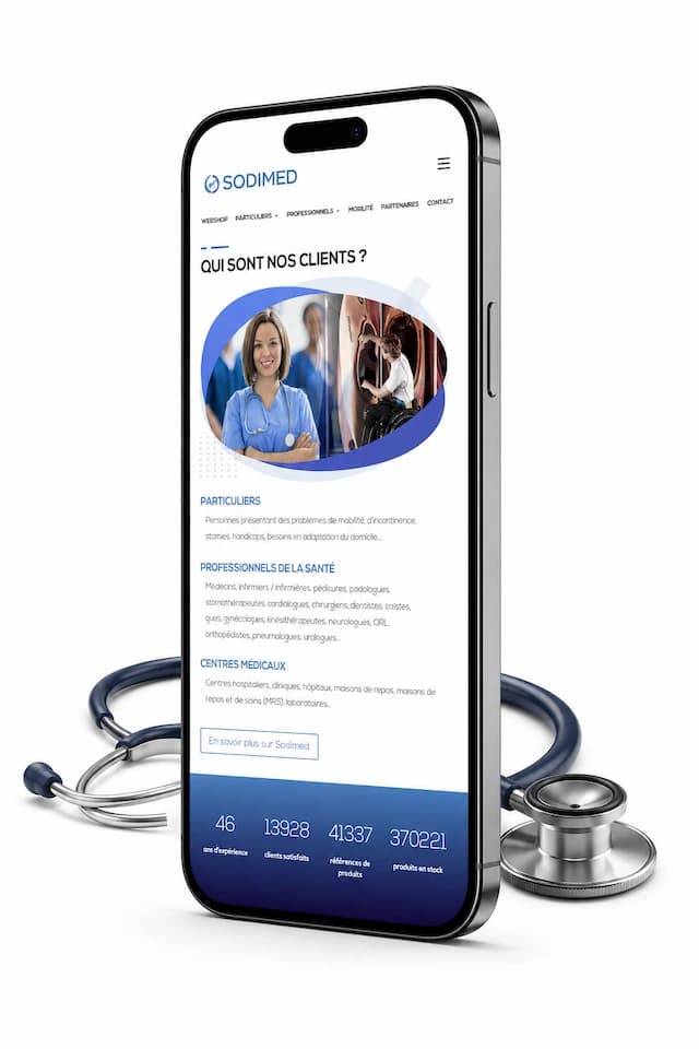 Mockup smartphone avec stéthoscope — page Qui sont nos clients de Sodimed